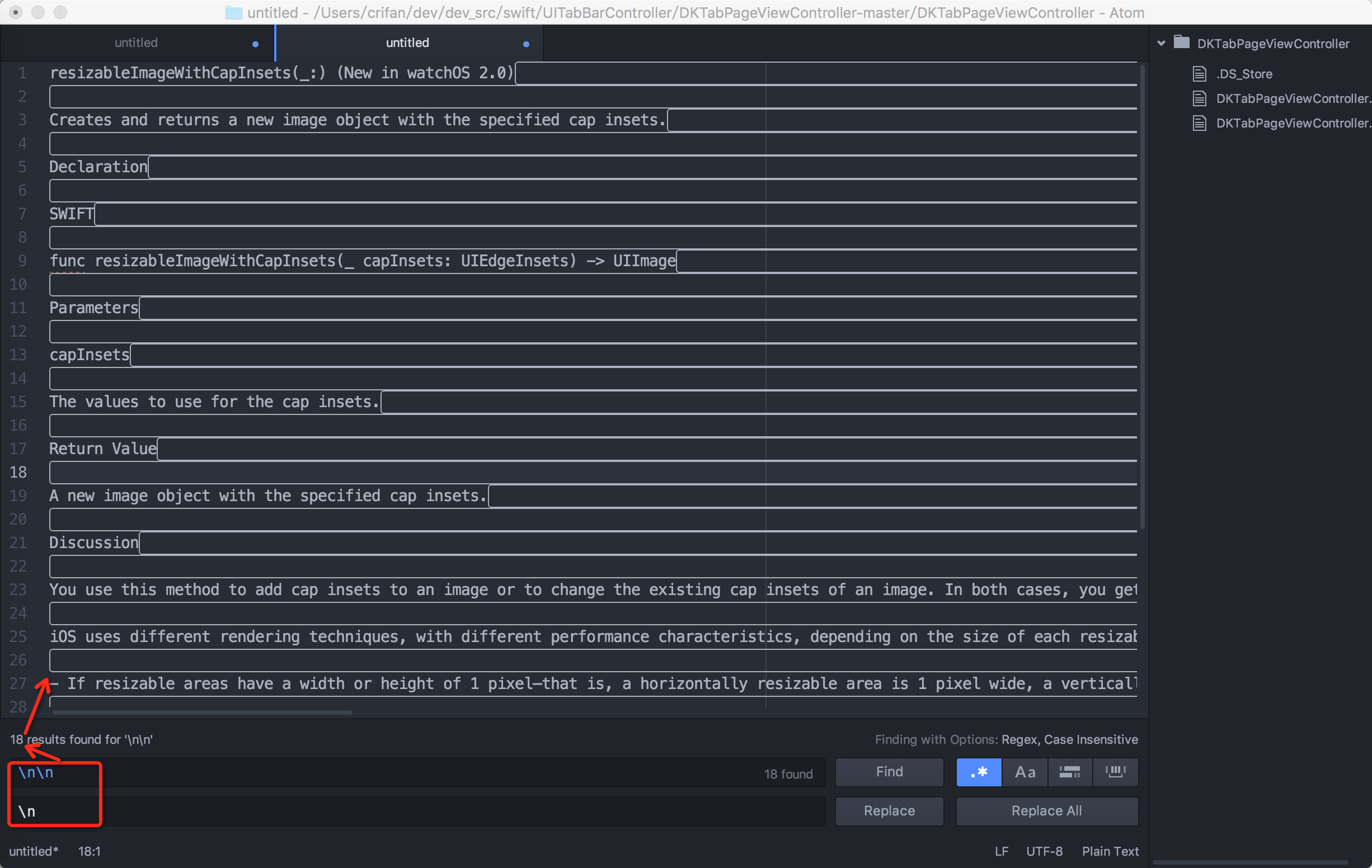 atom search carriage return found 18