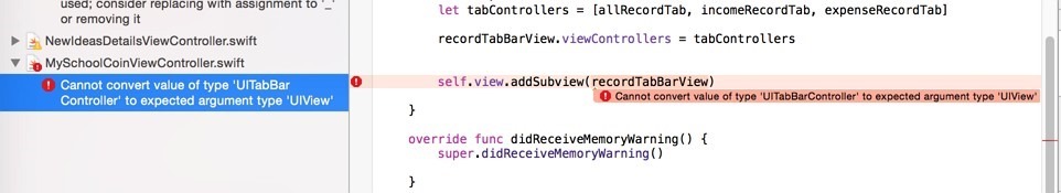 【已解决】swift添加tab页面出错：Cannot convert value of type UITabBarController to expected argument type UIView