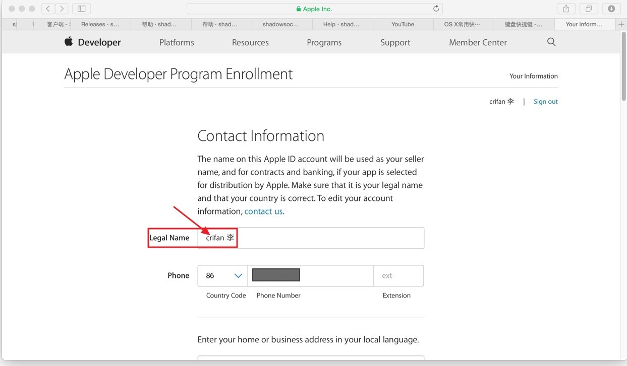 apple developer program enrollment contact information legal name crifan cn li