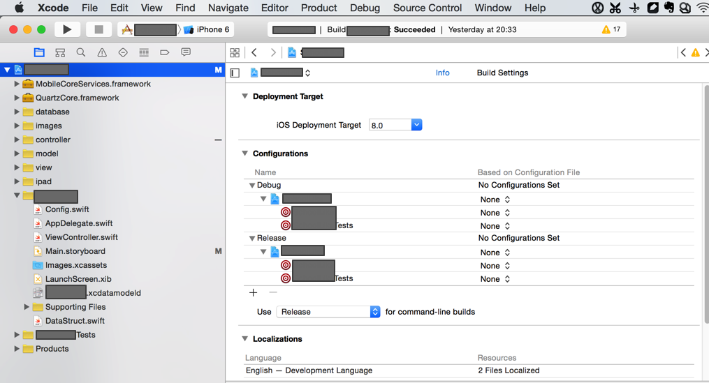 show current xcode deployment settings for debug release run test