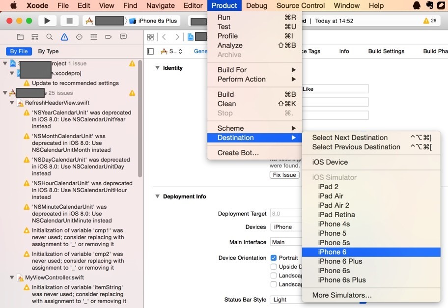 xcode product destination choose iPhone 6