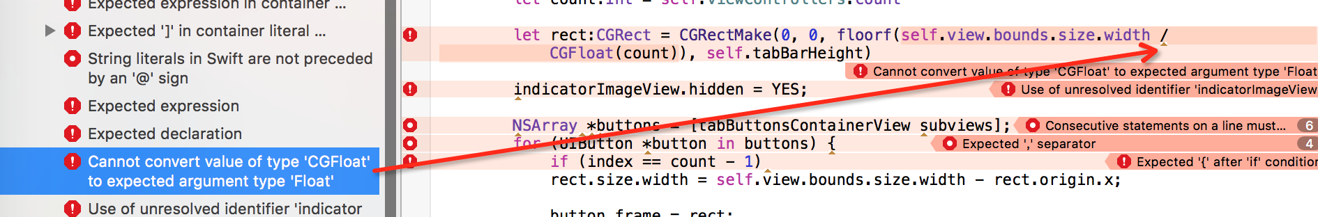 ［已解决］swift代码出错：Cannot convert value of type CGFloat to expected argument type Float