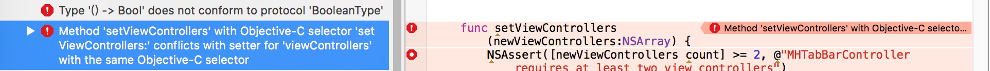 Method setViewControllers with Objective-C selector setViewControllers- conflicts with setter for viewControllers with the same Objective-C selector