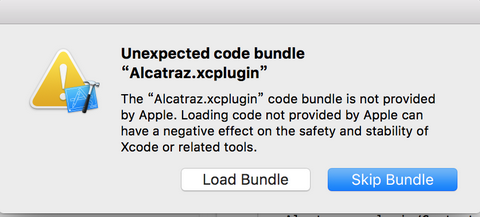 Unexpected code bundle Alcatraz.xcplugin 