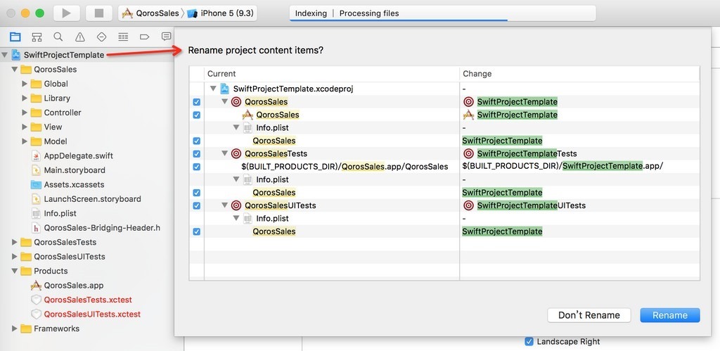 xcode show window to rename project