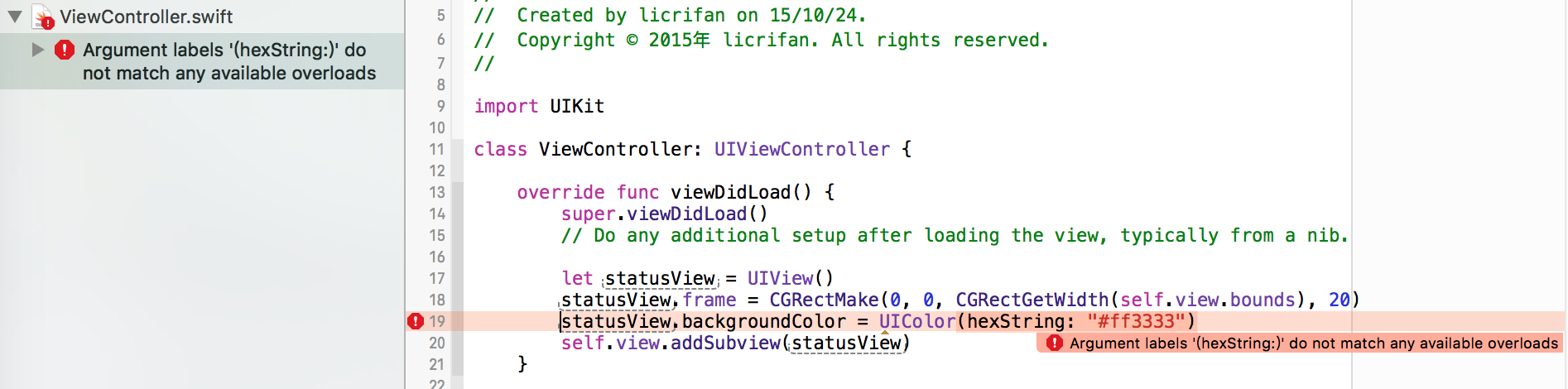 Argument labels hexString do not match any available overloads