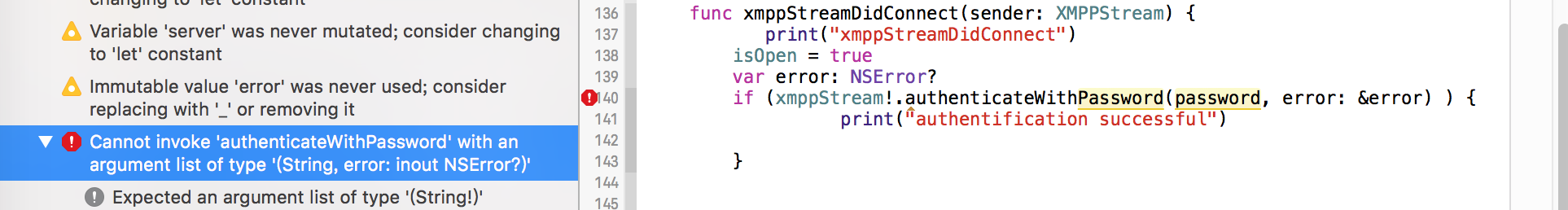 Cannot invoke authenticateWithPassword with an argument list of type String error inout NSError