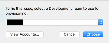 To fix this issue select a Development Team to use for provisioning