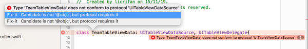 ［已解决］Swift中虽已实现UITableViewDataSource的必须的函数但仍报错：Type does not conform to protocol UITableViewDataSource
