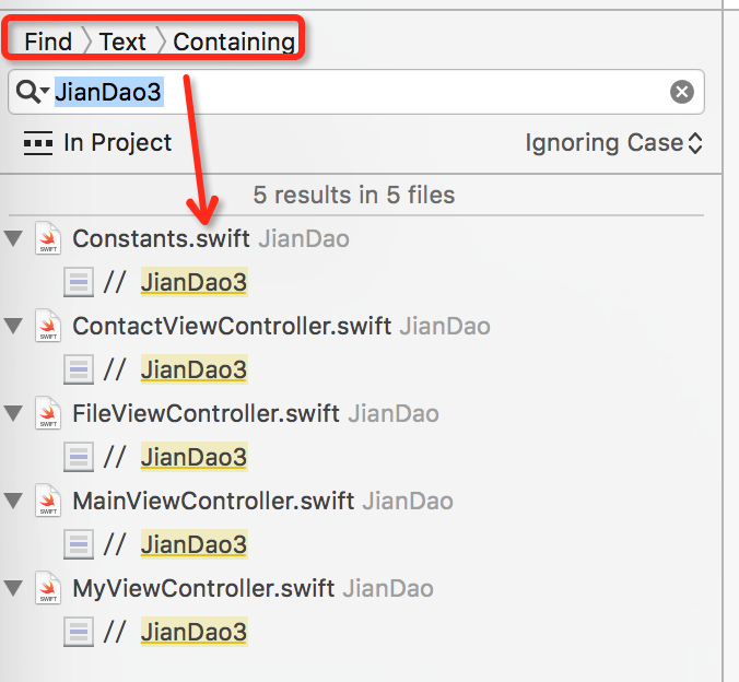 xcode search found text string