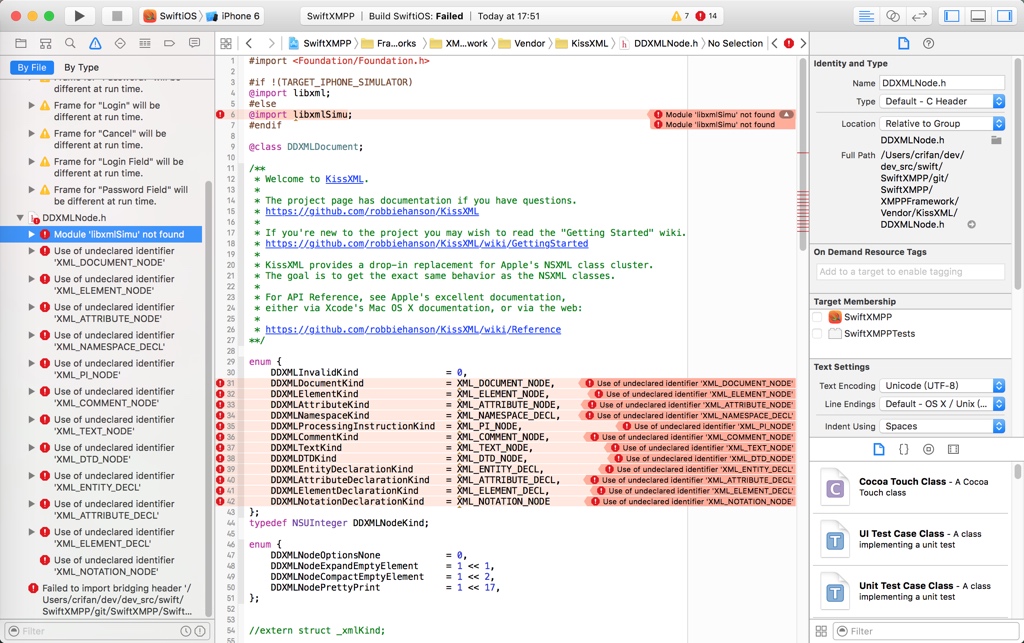 SwiftXMPP XMPPFramework KissXML DDXMLNode.h Module libxmlSimu not found