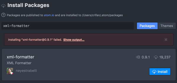 installing xml formatter failed show output