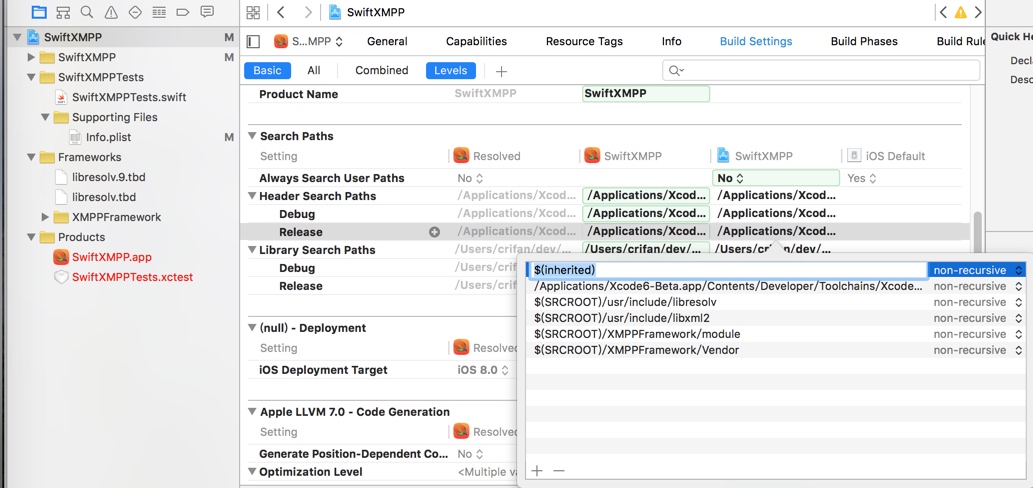 xcode header search path inherited