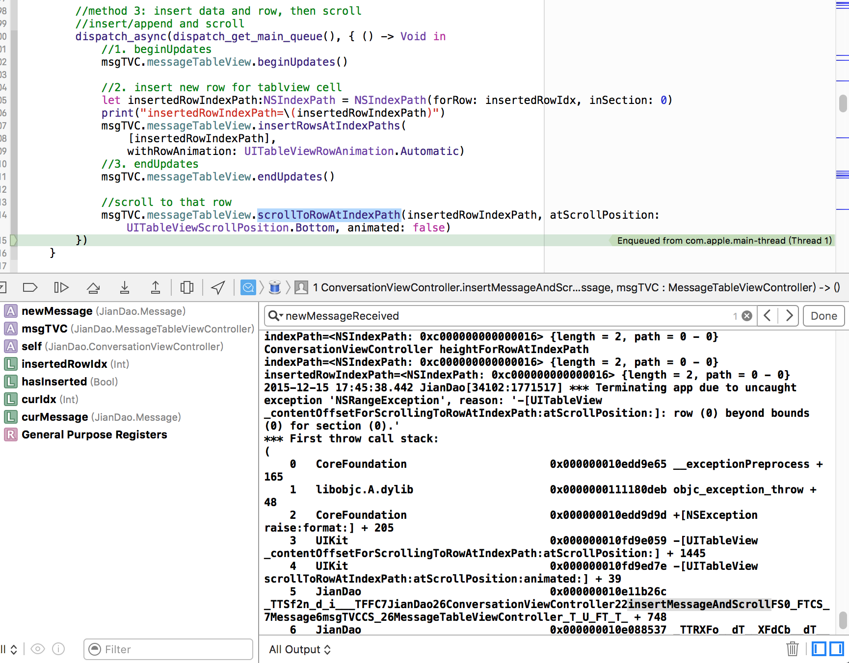 ［基本解决］swift中给TableView中插入一行并滚动到对应的行