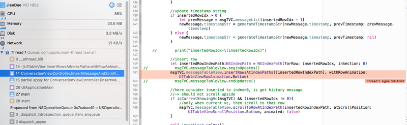 ［已解决］Terminating app due to uncaught exception 'NSInternalInconsistencyException', reason: 'attempt to insert row 16 into section 0, but there are only 0 rows in section 0 after the update'