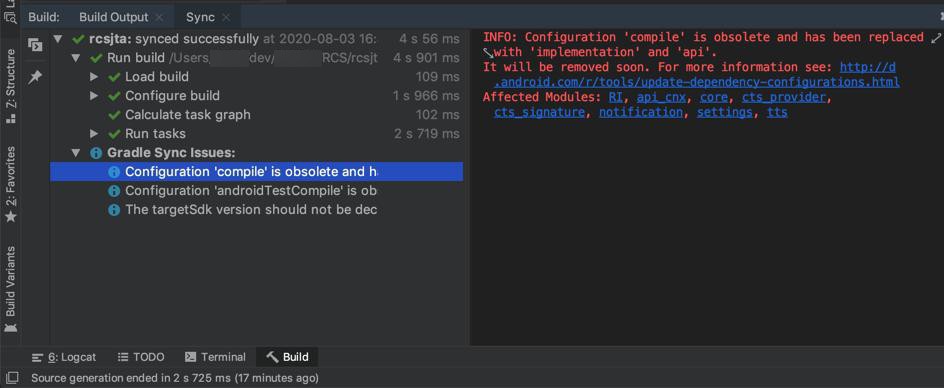 【已解决】Android Studio编译rcsjta出现gradle警告：Configuration compile is obsolete and has been replaced with implementation and api It will be removed soon