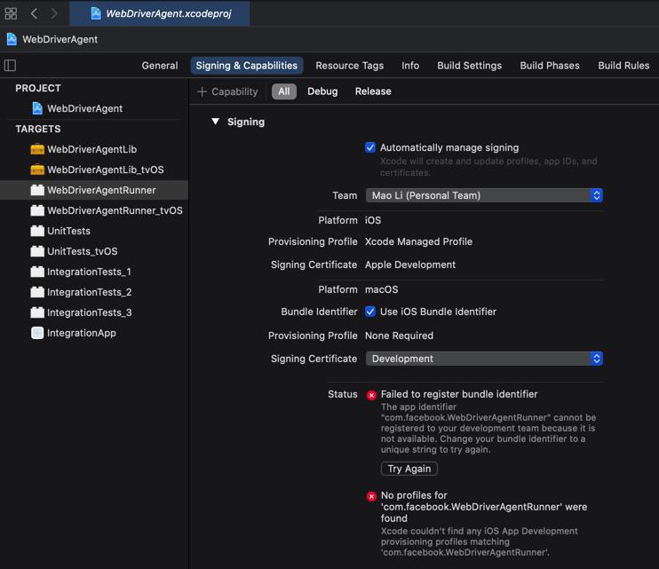 【已解决】XCode中WebDriverAgent.xcodeproj自动签名报错：Failed to register bundle identifier com.facebook.WebDriverAgentRunner