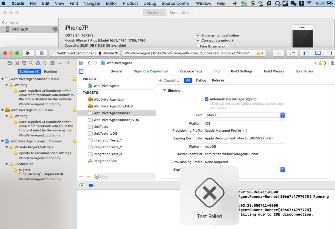 【未解决】XCode对于用WiFi无线连接的iPhone可以安装app但是wda的test最终失败：WebDriverAgentRunner-Runner Exiting due to IDE disconnection