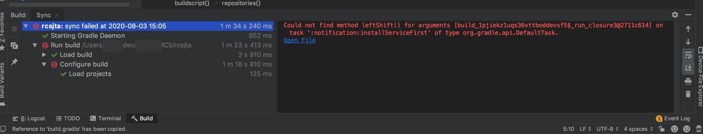 【已解决】Android Studio中build编译rcstja项目报错：Could not find method leftShift for arguments on task notification installServiceFirst of type org.gradle.api.DefaultTask