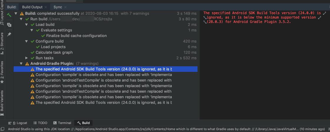 【已解决】Android Studio编译rcsjta出现gradle警告：The specified Android SDK Build Tools version is ignored