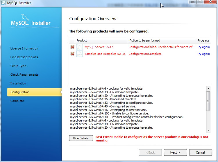 【已解决】MySQL 5.5.17 安装配置的时候出错:mysql-server-5.5-winx64:100 - Unable to configure service