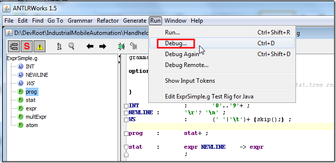 antlrworks run debug